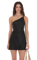 Satin One Shoulder Open Back Dress in Black
