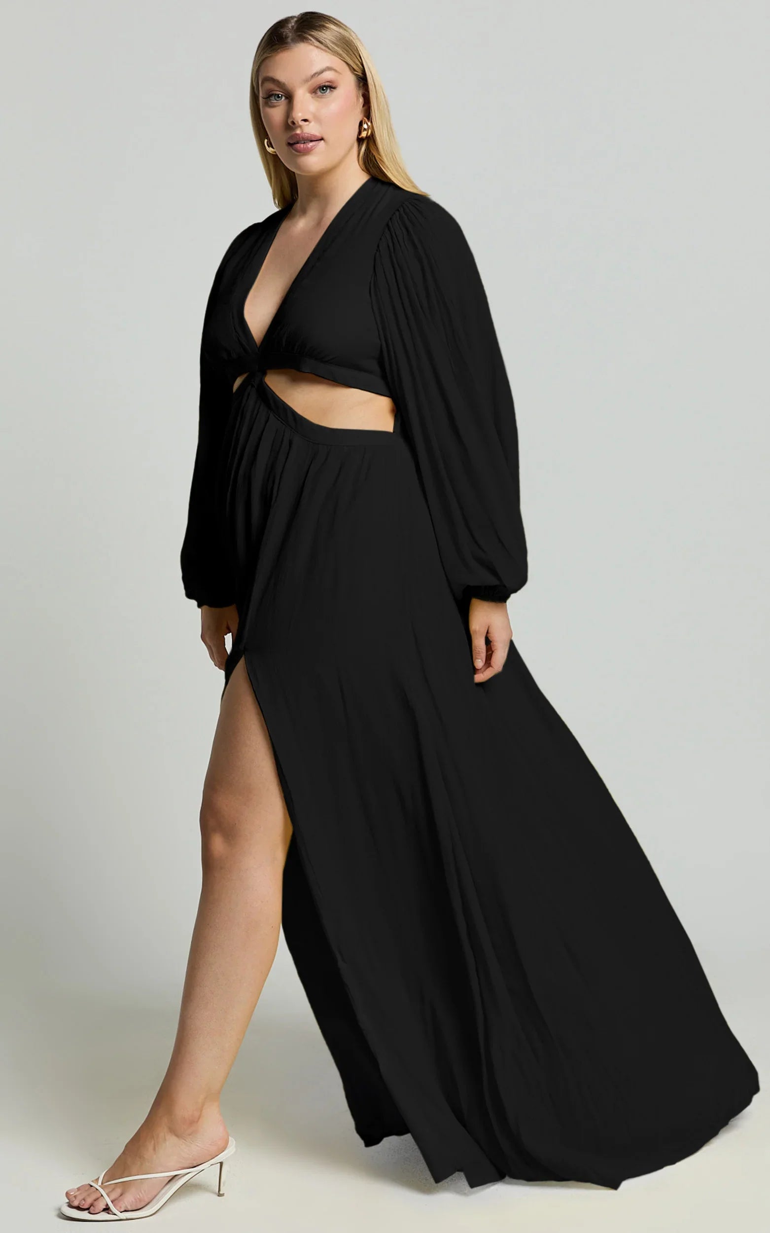 Paige Maxi Dress - Side Cut Out Balloon Sleeve Dress in Black
