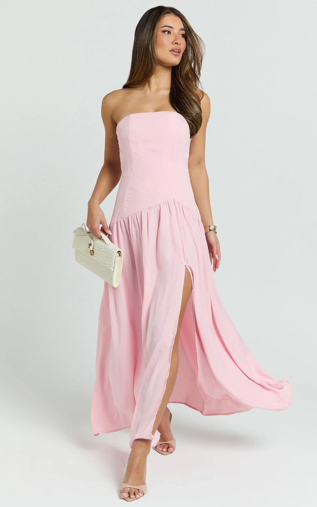 Nadiane Midi Dress - Strapless Asymmetric Drop Waist Dress in Pink