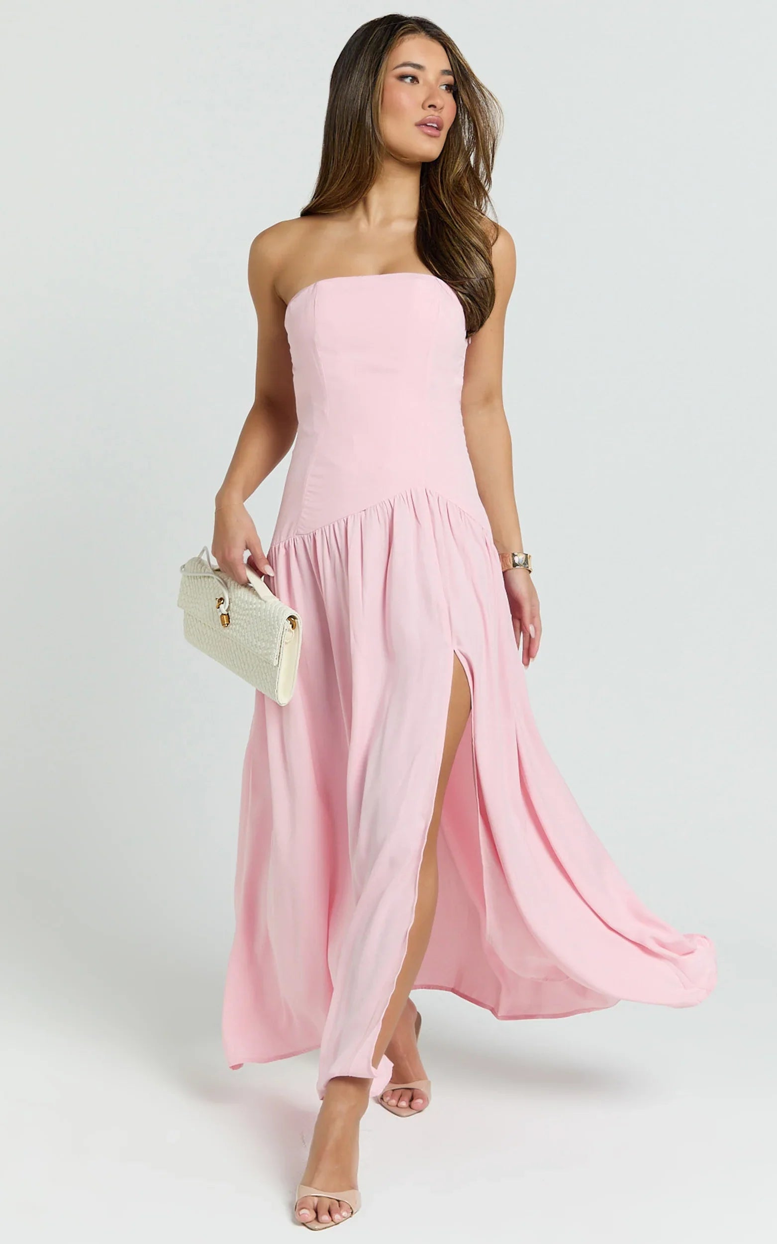 Nadiane Midi Dress - Strapless Asymmetric Drop Waist Dress in Pink