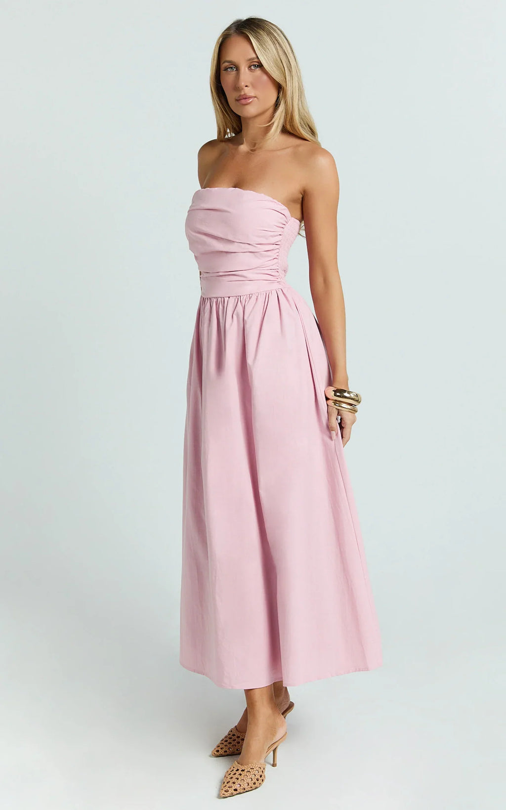 Polly Midi Dress - Strapless Ruched Dress in Pink