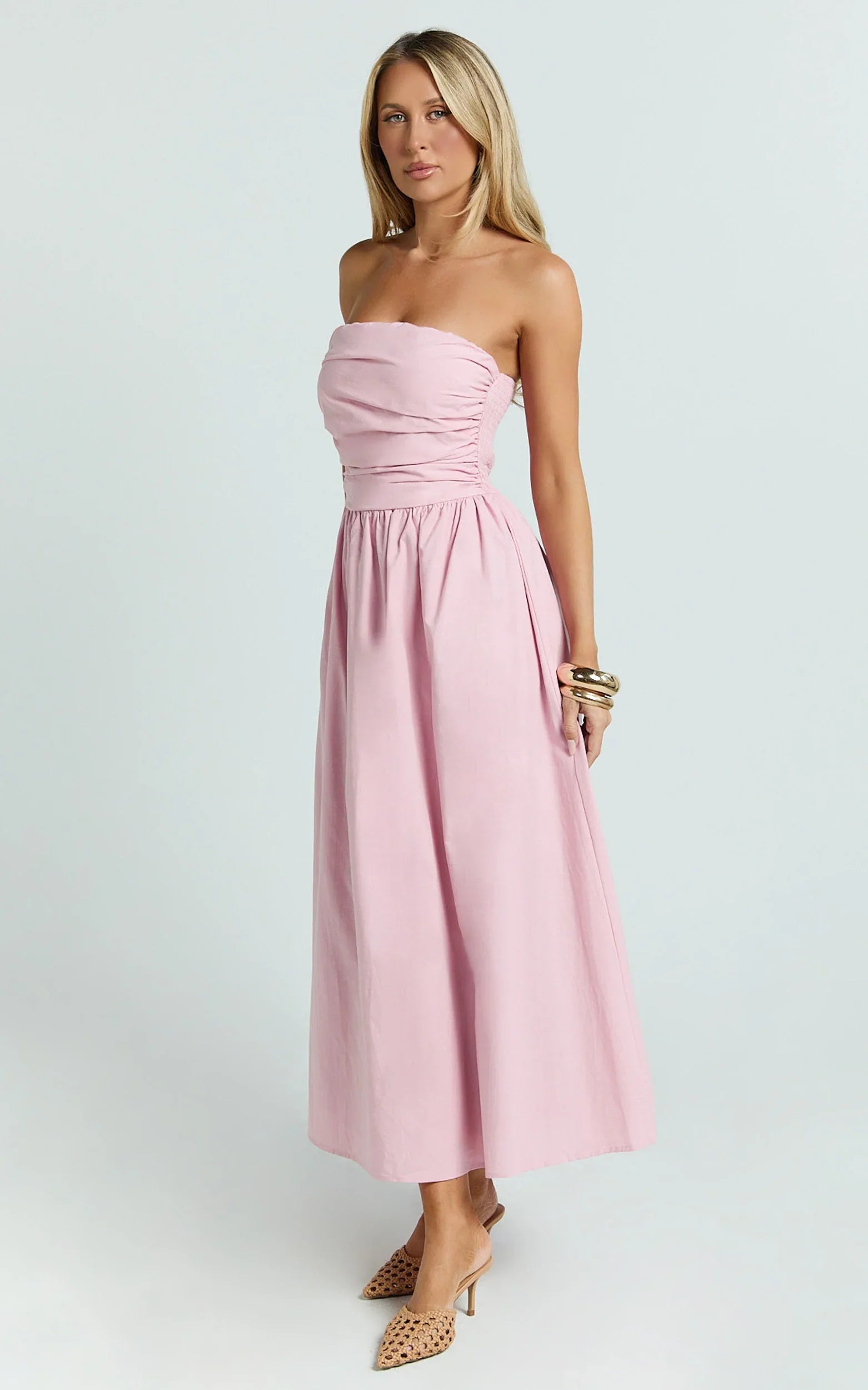 Polly Midi Dress - Strapless Ruched Dress in Pink