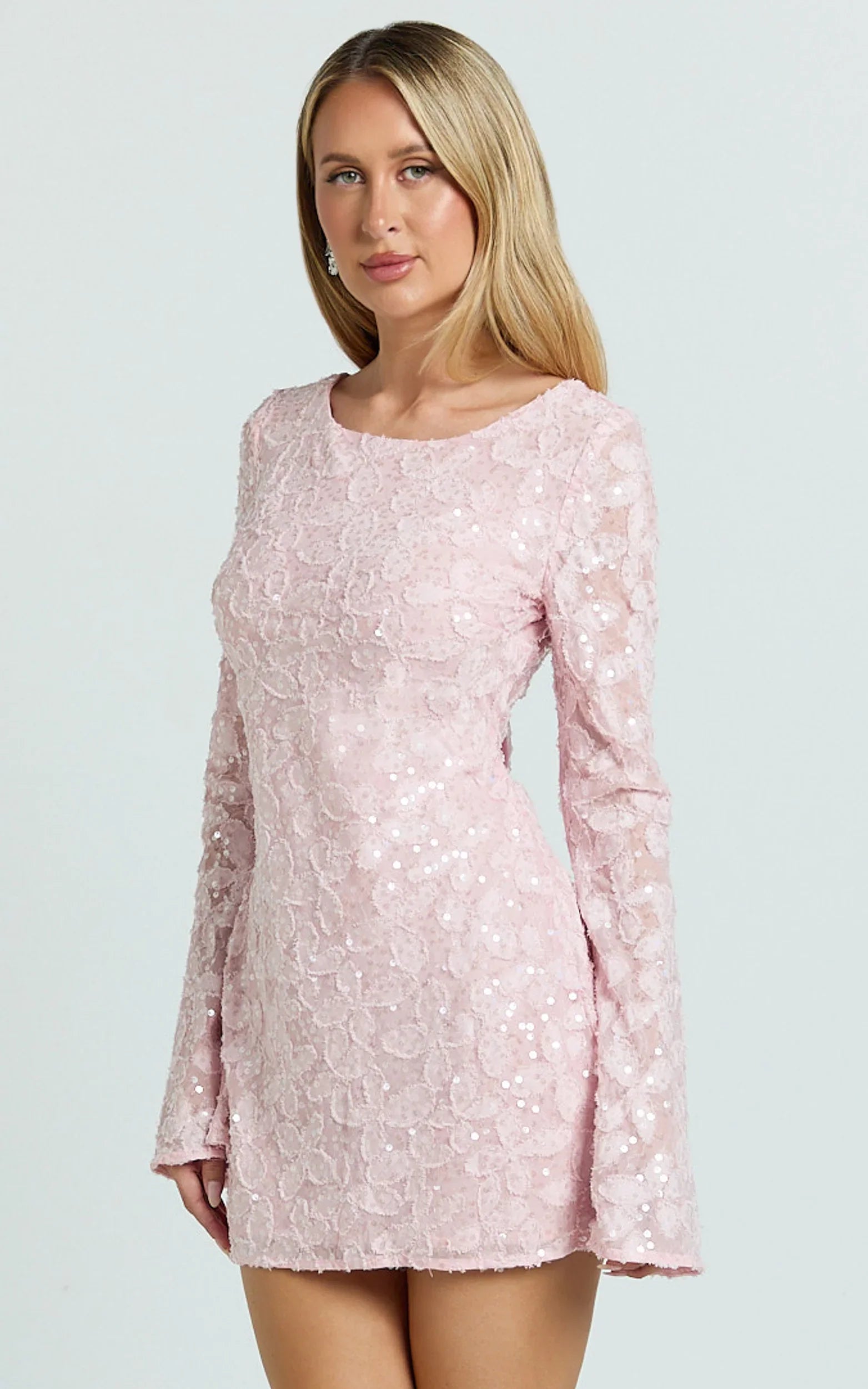 Terri Mini Dress - Long Sleeve Cowl Back Neck Dress in Pale Pink