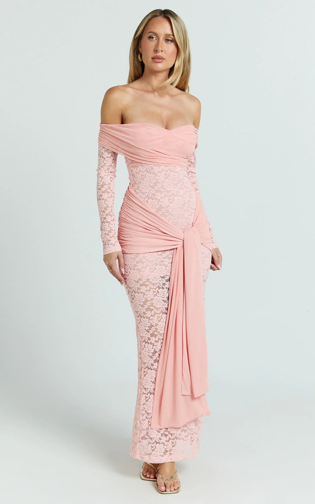 Sandra Midi Dress - Off The Shoulder Sash Bodycon Dress in Pink