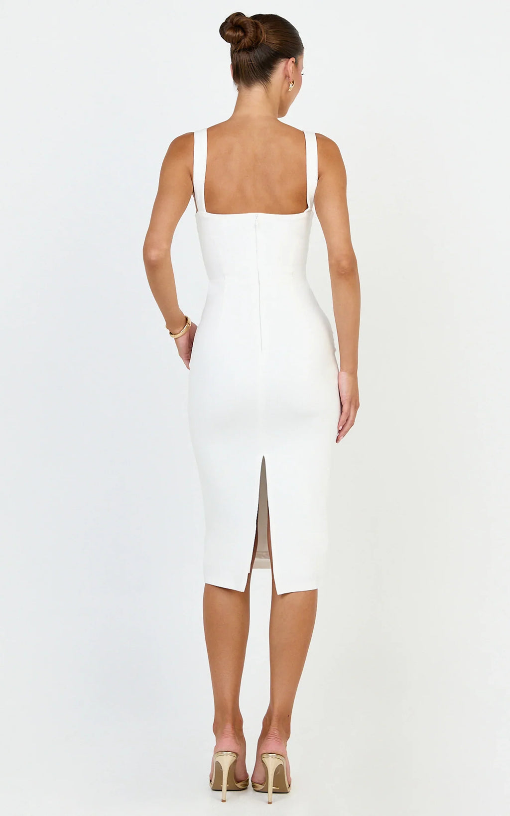 Tiffy Midi Dress - Square Neck Ruched Bodycon Dress in White