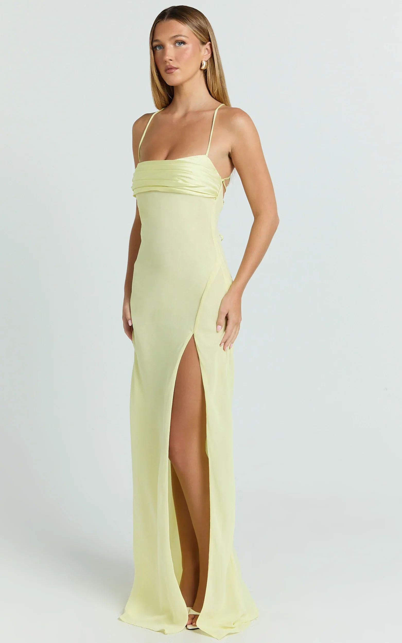 Sonya Maxi Dress - Cowl Neck Asymmetric Fit And Flare Dress in Lemon