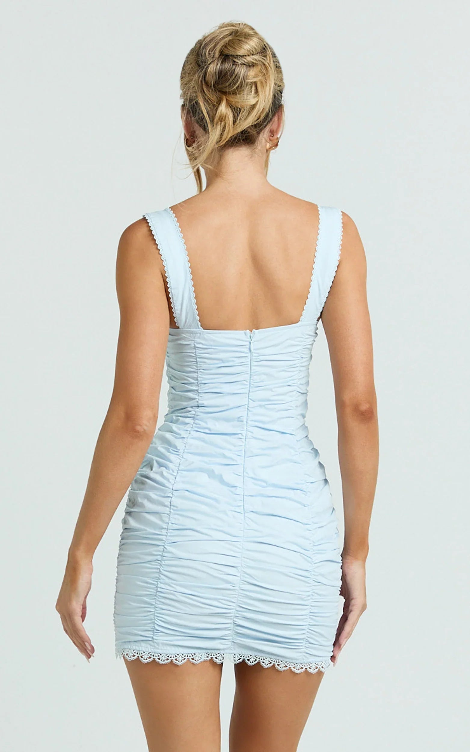 Becker Mini Dress - Strappy Bustier Ruched Bodycon Dress in Blue