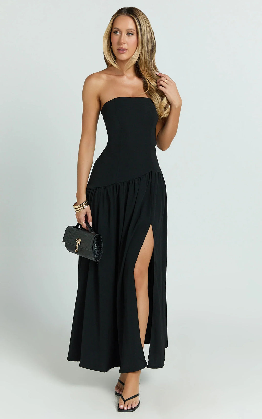 Nadiane Midi Dress - Strapless Asymmetric Drop Waist Dress in Black