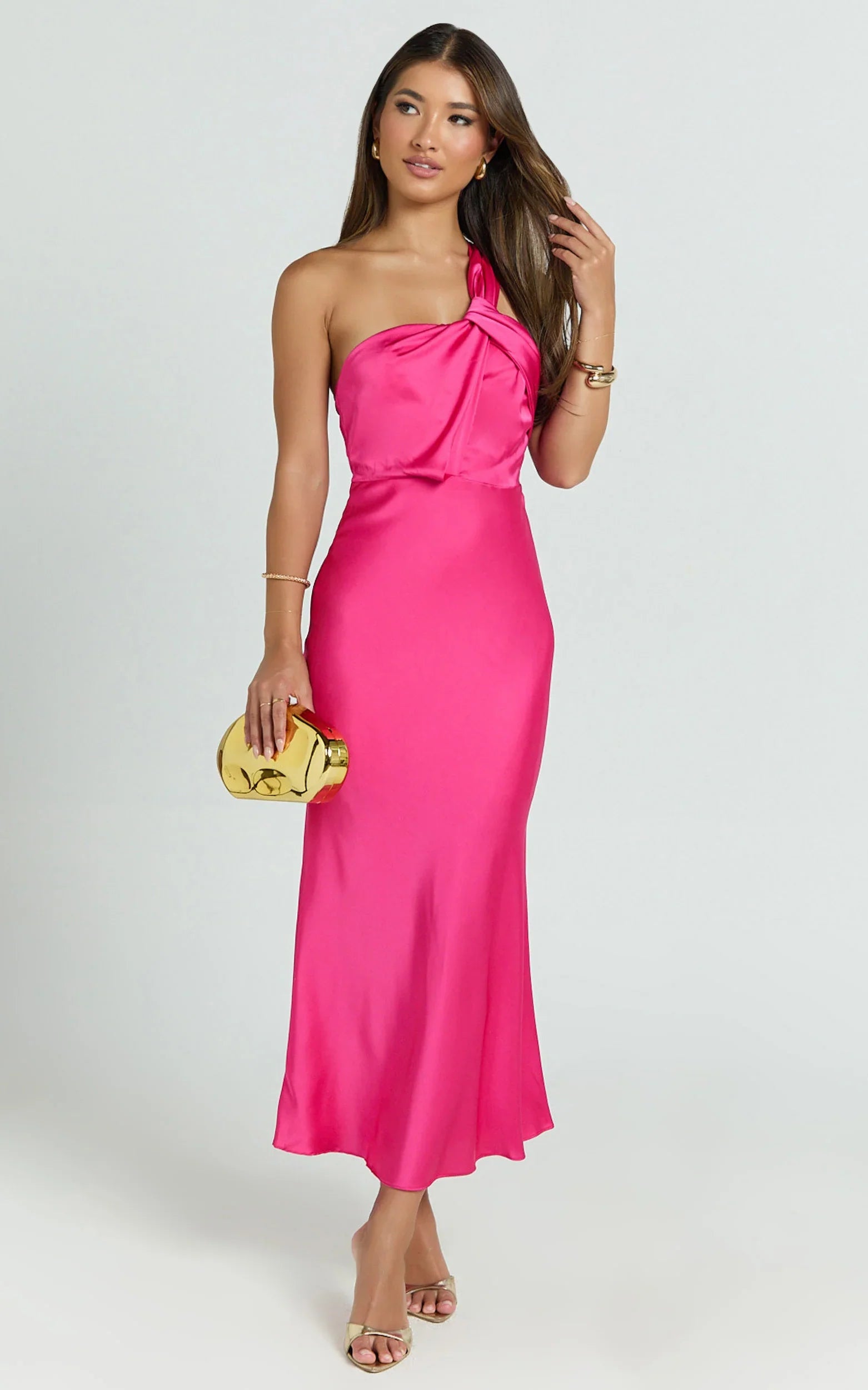 Carmella Midi Dress - One Shoulder Twist Detail Dress in Fuchsia