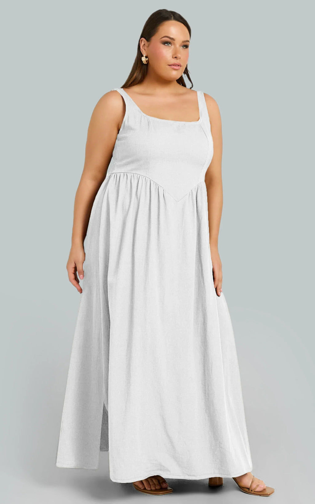 Rhaziya Midi Dress - Sleeveless Straight Neck Fit and Flare Dress in White