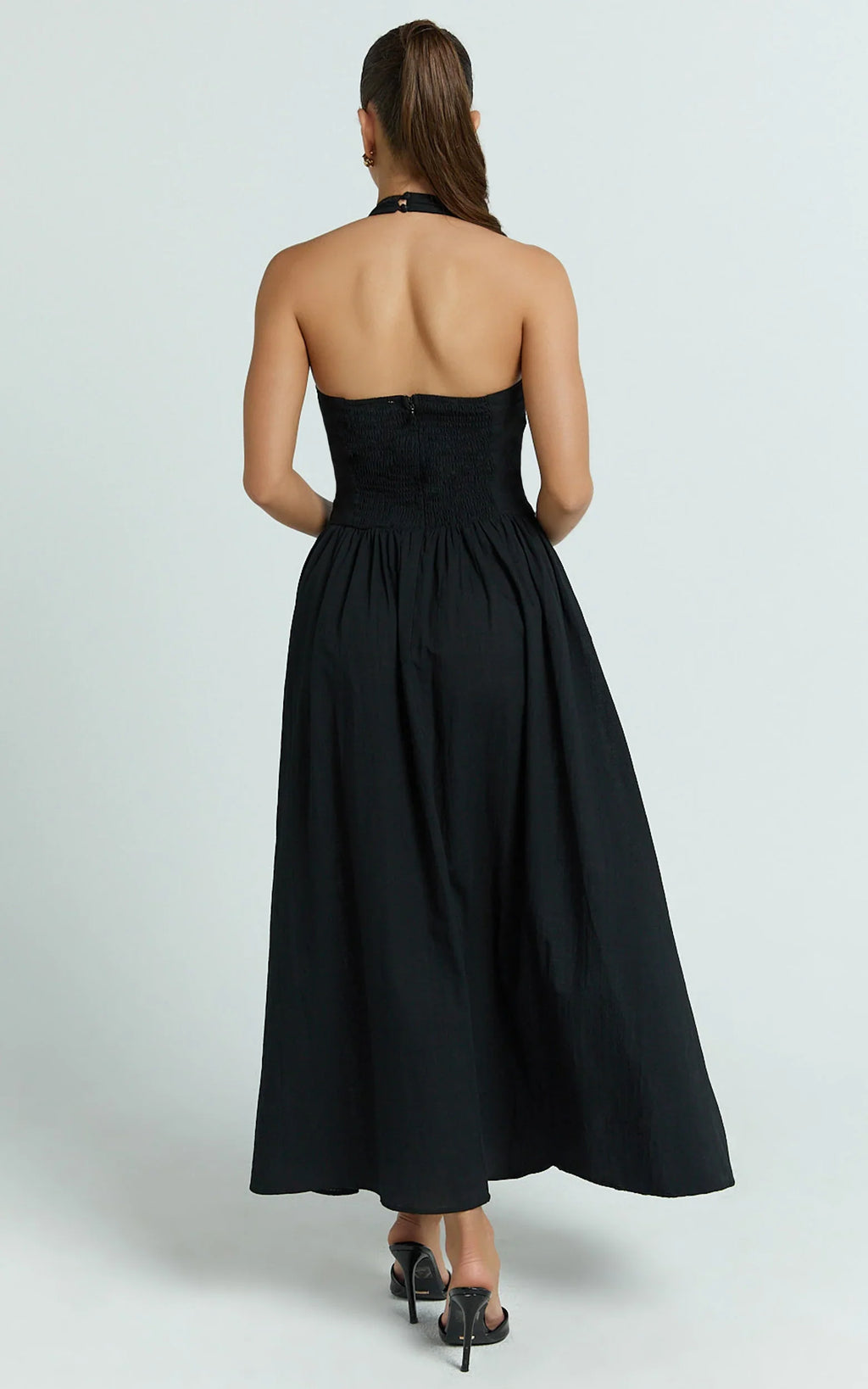 Athena Midi Dress - Halter Drop Waist Dress in Black