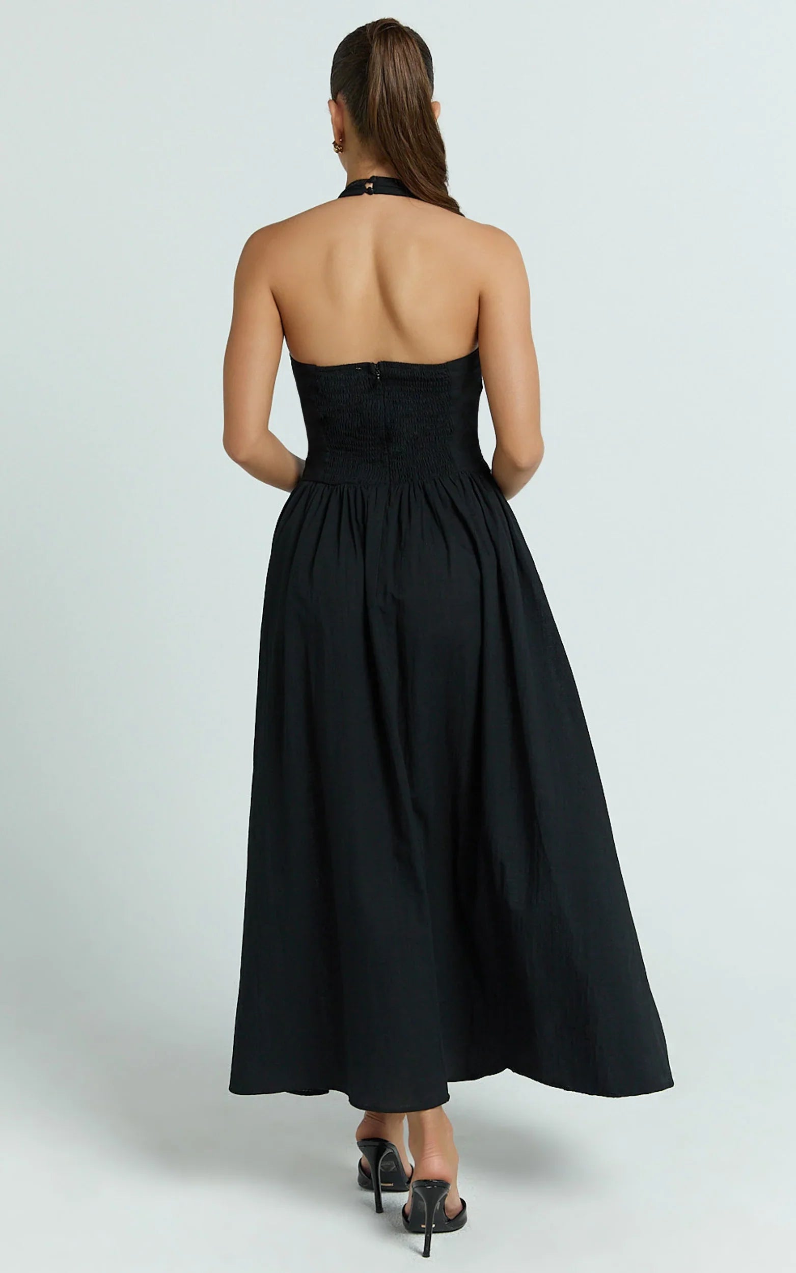 Athena Midi Dress - Halter Drop Waist Dress in Black
