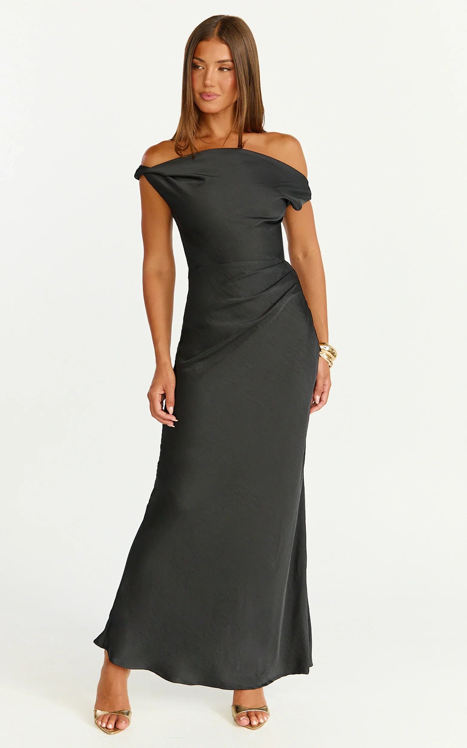 Lira Maxi Dress - One Shoulder Satin Dress in Black