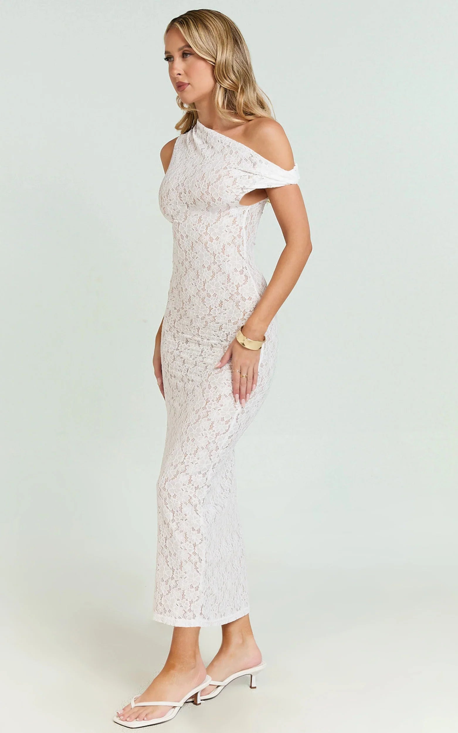 Sally Midi Dress - Stretch Lace Twist Off Shoulder Dress in White