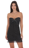 Polka Dot Embellished Mesh Strapless Dress in Black