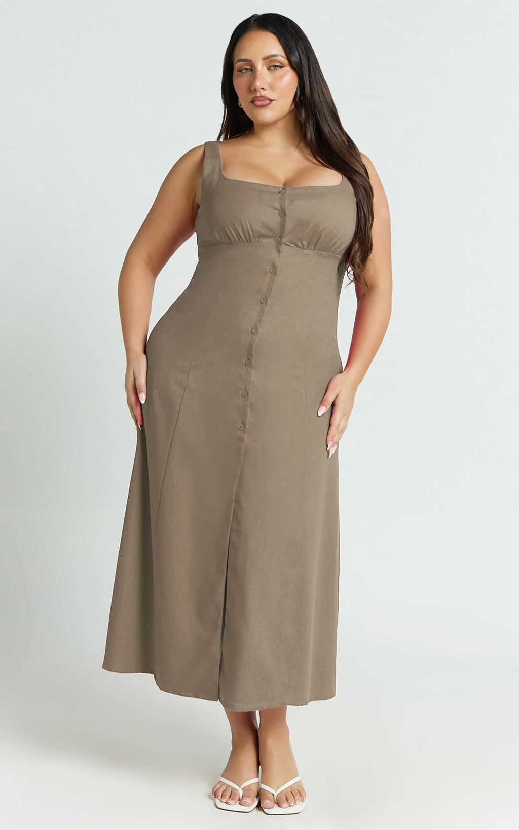 Cameron Midi Dress - Button Front Tie Back Dress in Mocha