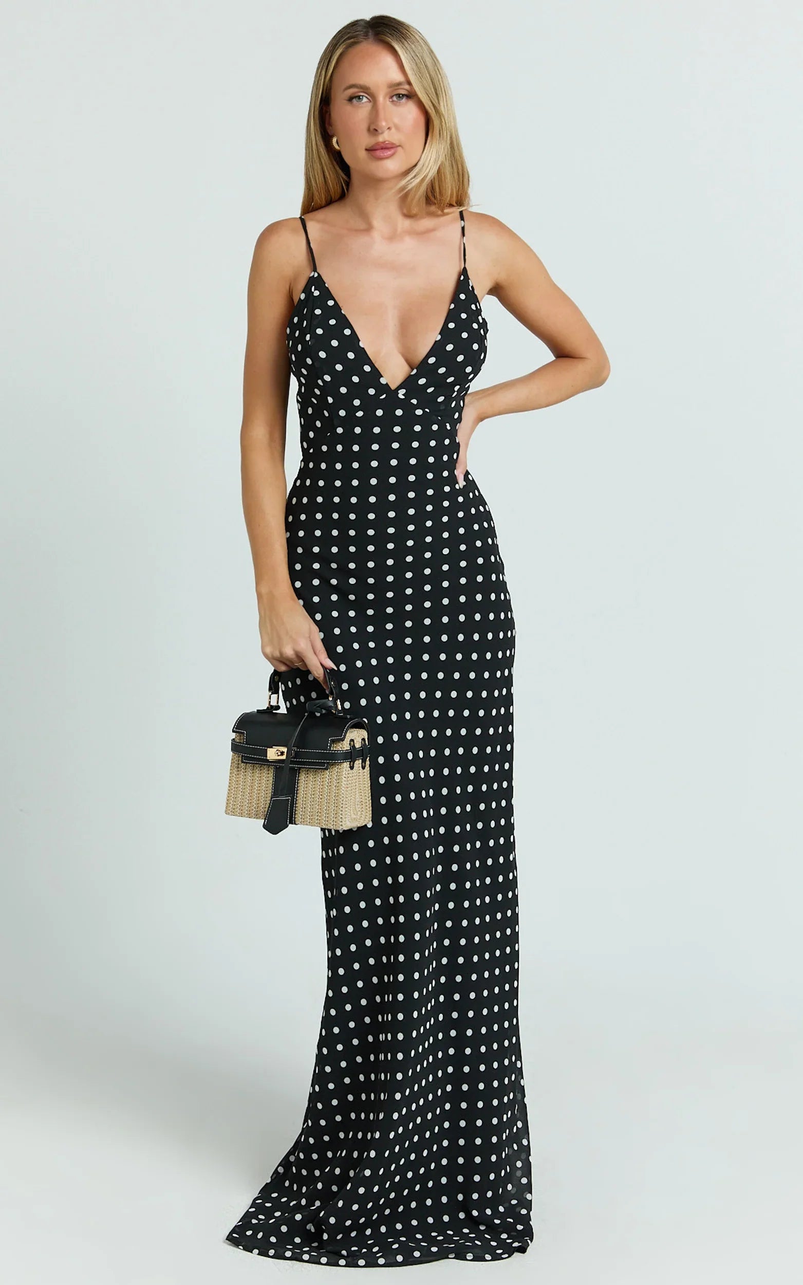 Quincy Maxi Dress - Satin Slip Dress in Black Polka Dot