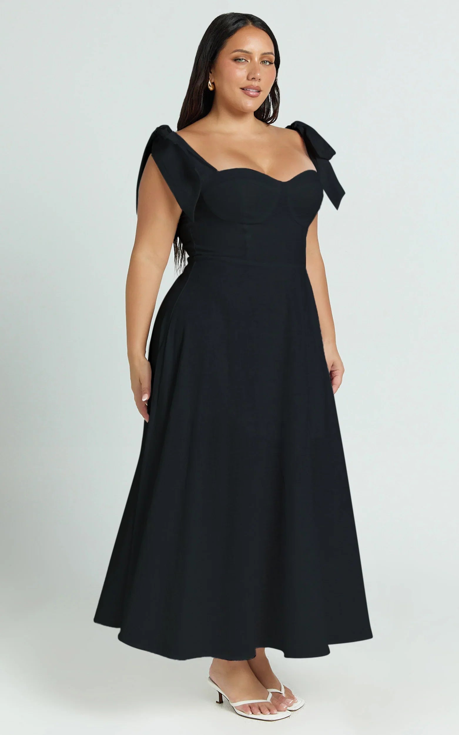 Tymia Midi Dress - Shoulder Tie Bustier Shirred Back A Line in Black