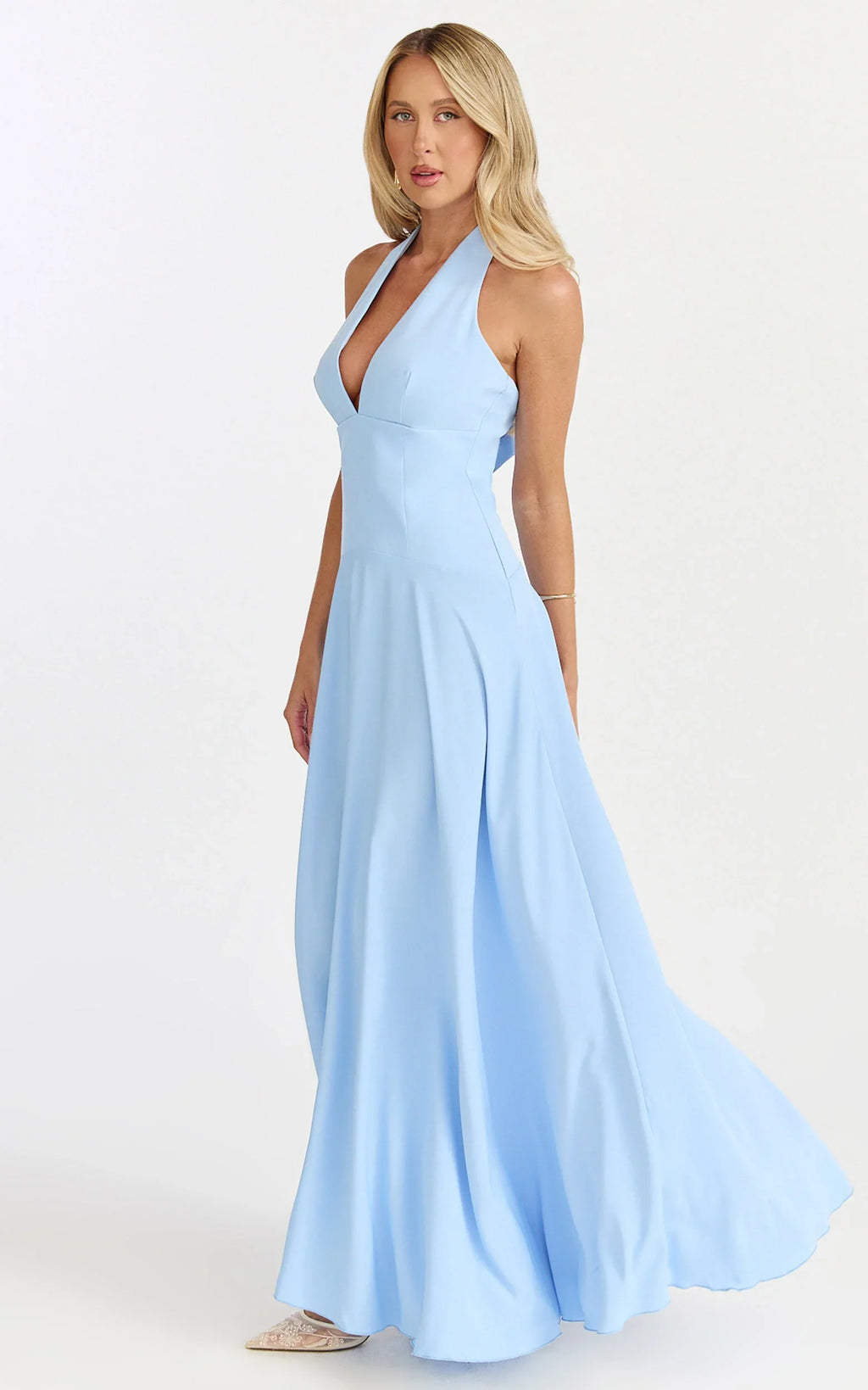 Poppy Maxi Dress - Contrast Skirt Deep Plunge Halter Dress in Blue