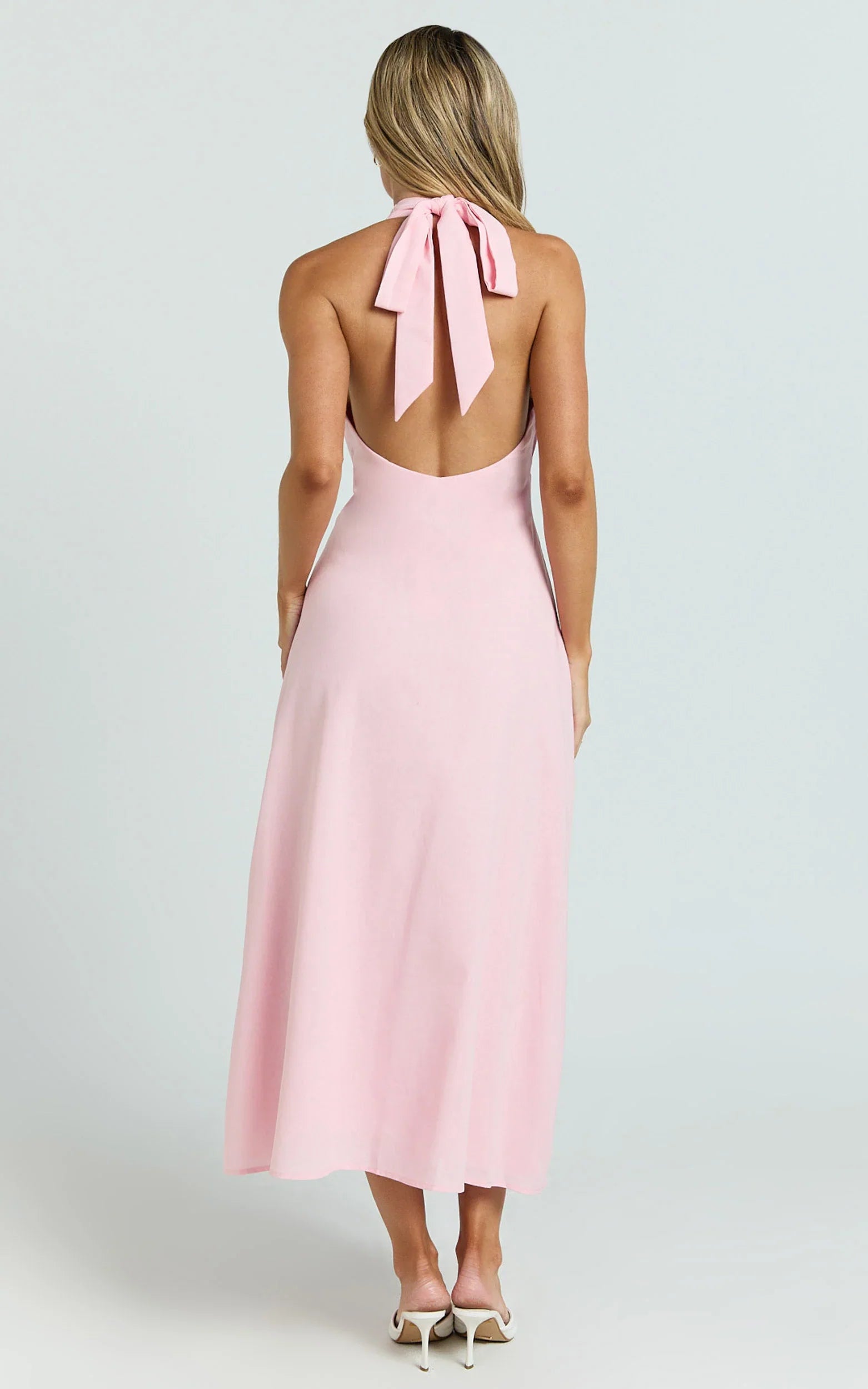 Beata Midi Dress - Plunge Halter A Line Dress in Pink