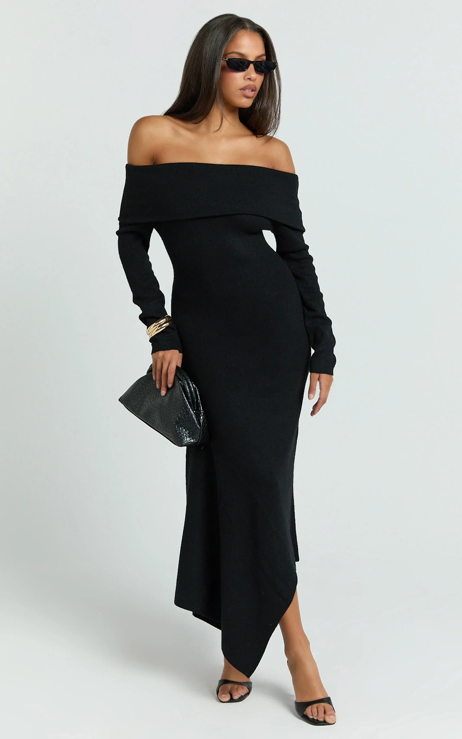 Karina Midi Dress - Long Sleeve Folded Off Shoulder Asymmetric Dress in Black