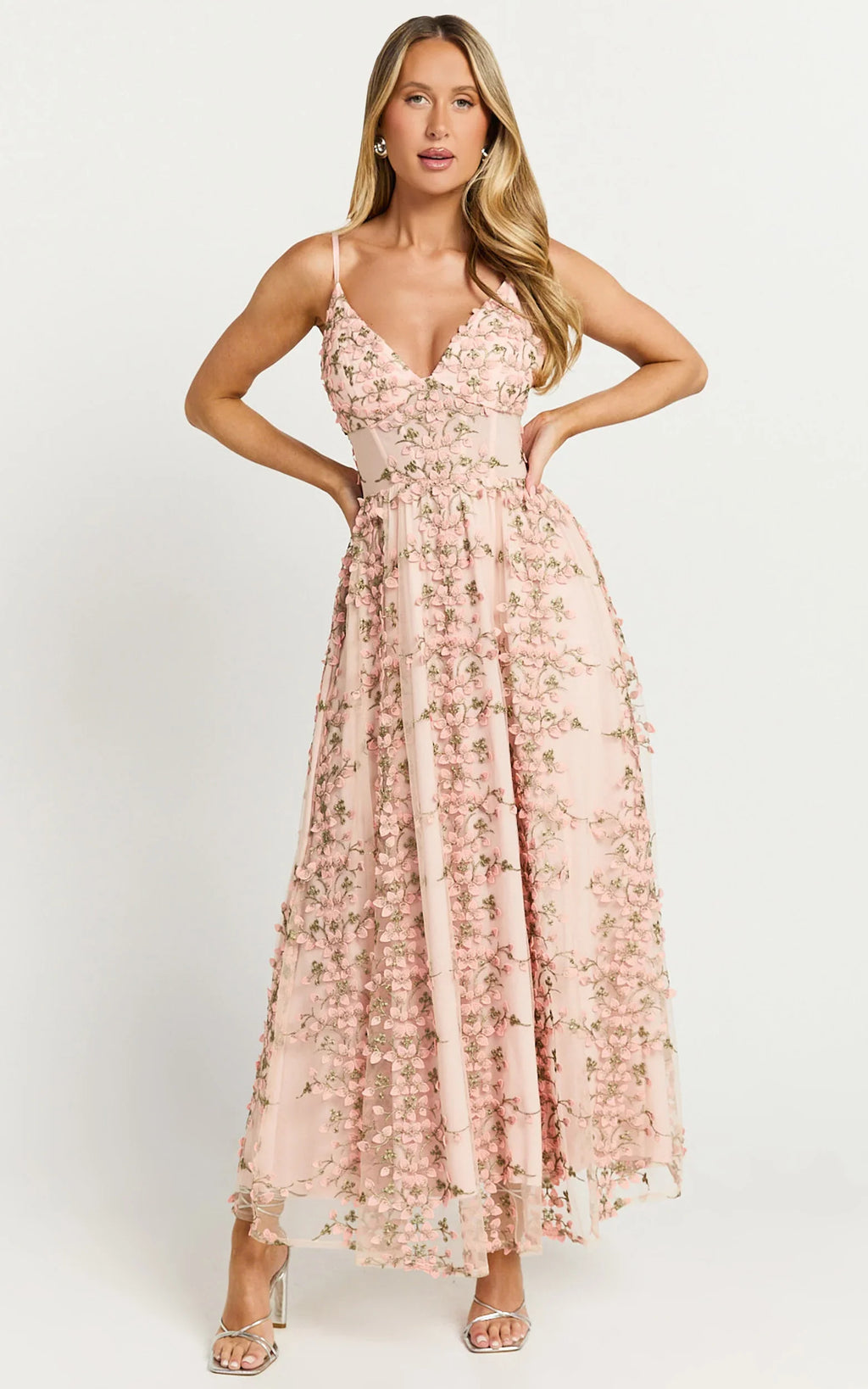 Amalie The Label - Lou V Neck Embroidered Tulle Midi Dress - In Blush