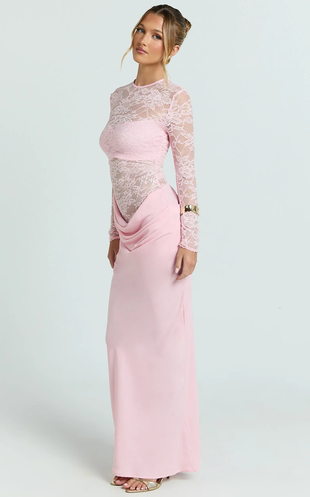 Crisanta Maxi Dress - Long Sleeve Contrast Lace Bodycon Dress in Pink