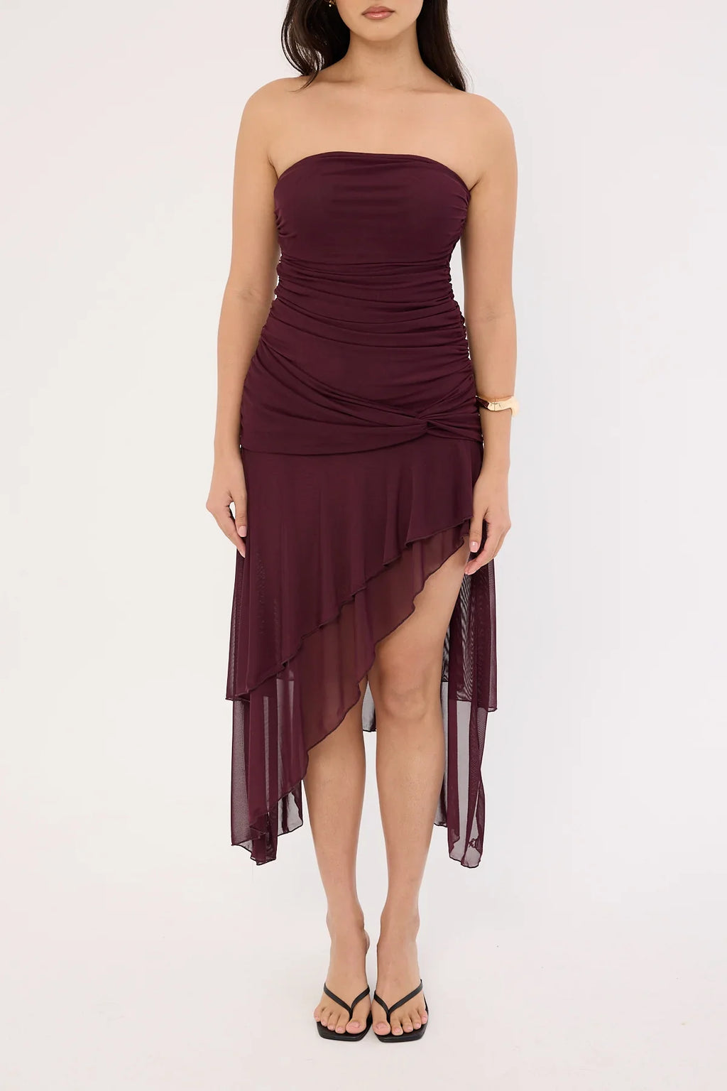 Luck & Trouble Malia Strapless Asymmetrical Midi Dress Plum