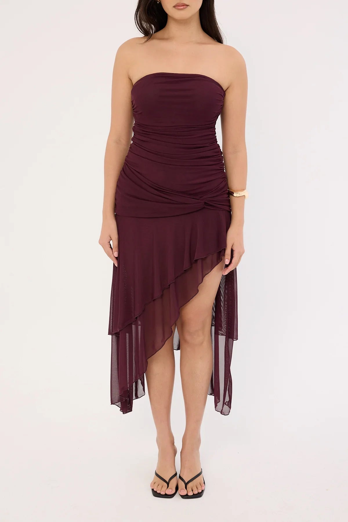 Luck & Trouble Malia Strapless Asymmetrical Midi Dress Plum