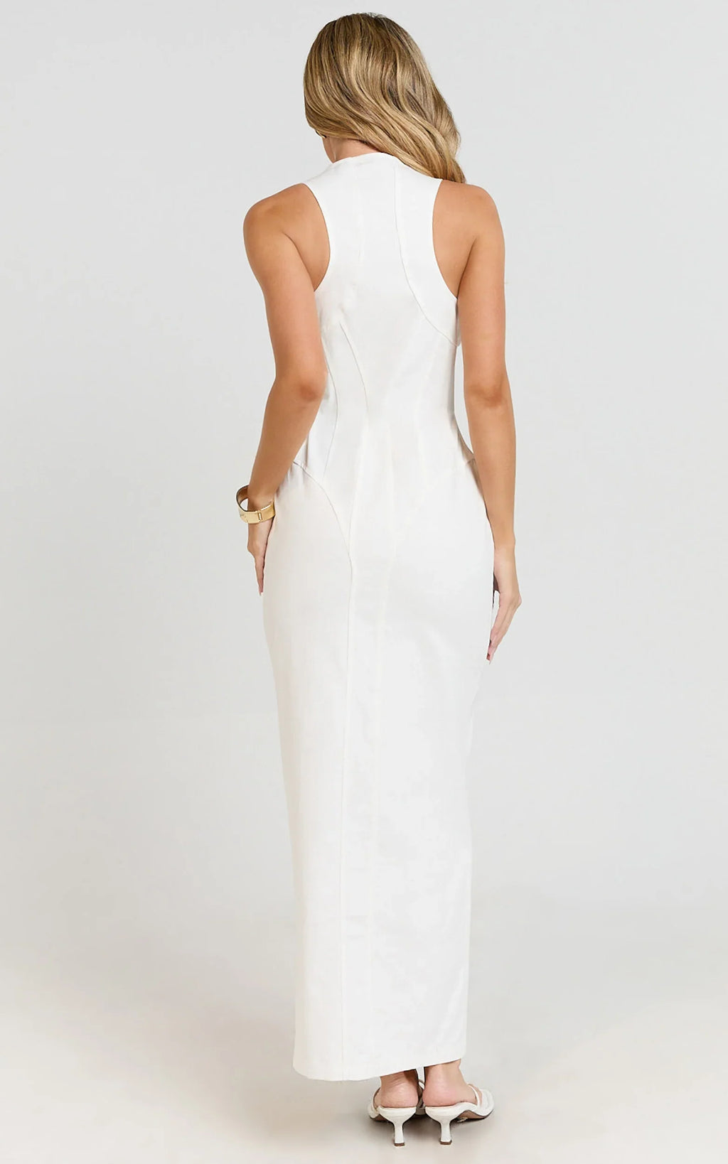 Maisy Midi Dress - Scoop Neck Racer Back Fitted Dress in White