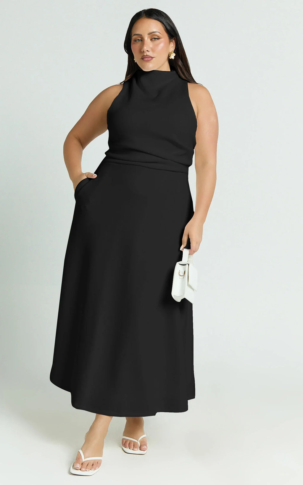 Macy Midi Dress - High Neck A Line Dress in Black