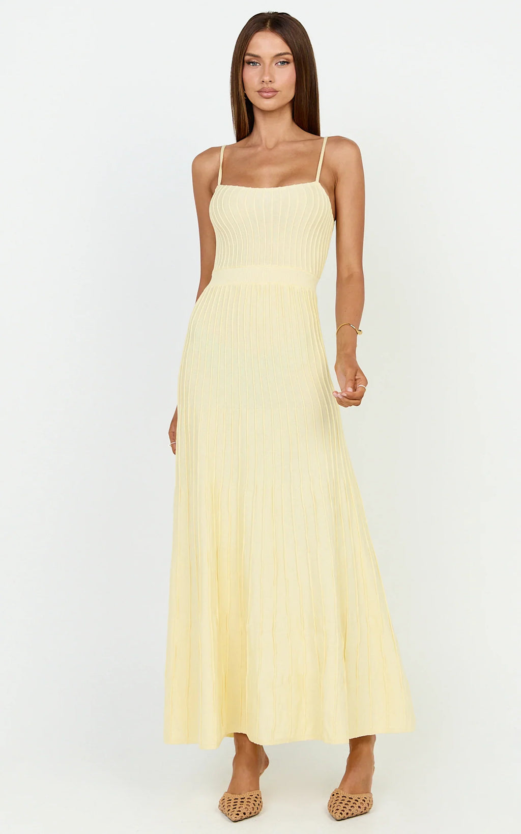 Donissa Midi Dress - Panelled Knit Dress in Butter Yellow