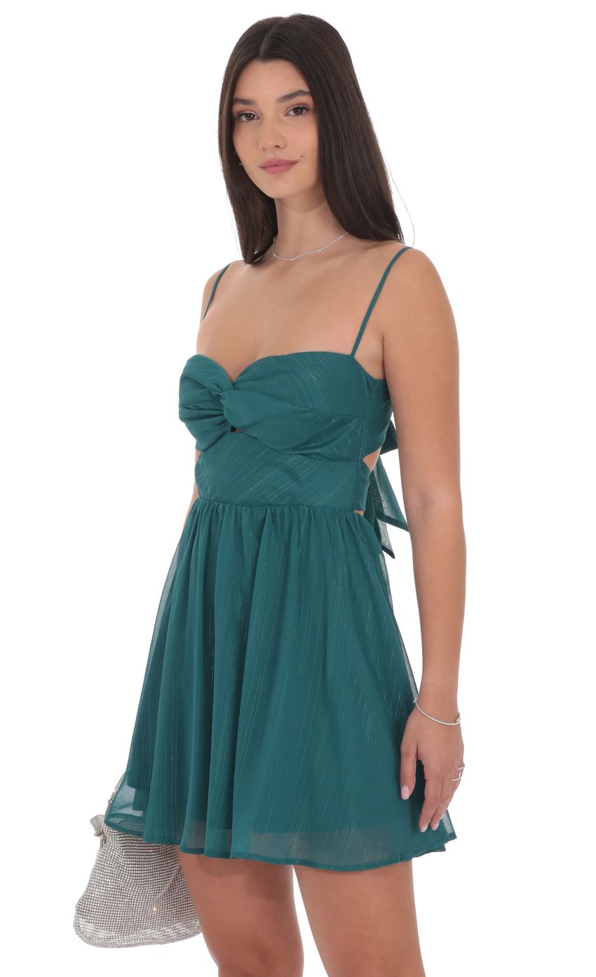 Shimmer Front Twist A-line Dress in Teal