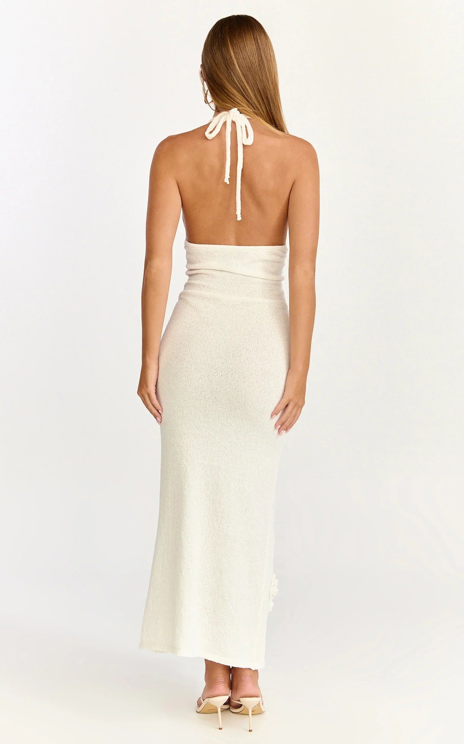 Elodie Maxi Dress - Halter 3D Floral Knit Dress in Cream