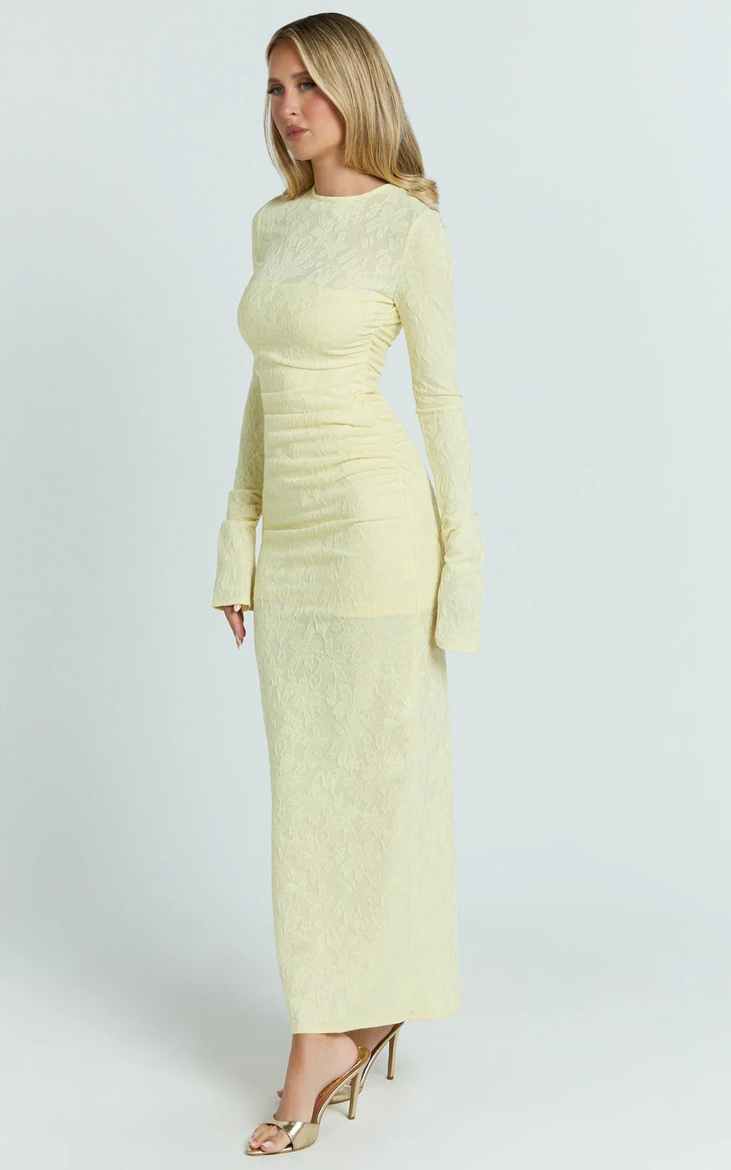 Kayrene Midi Dress - Long Sleeve Bodycon Dress in Butter Yellow