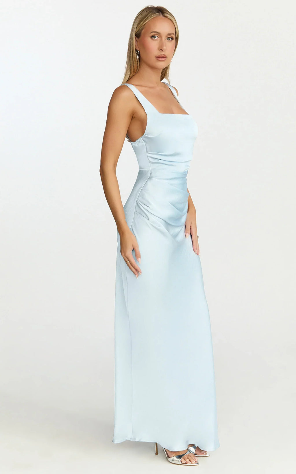 Rumi Maxi Dress - Ruched Bodice Satin Dress in Pale Blue