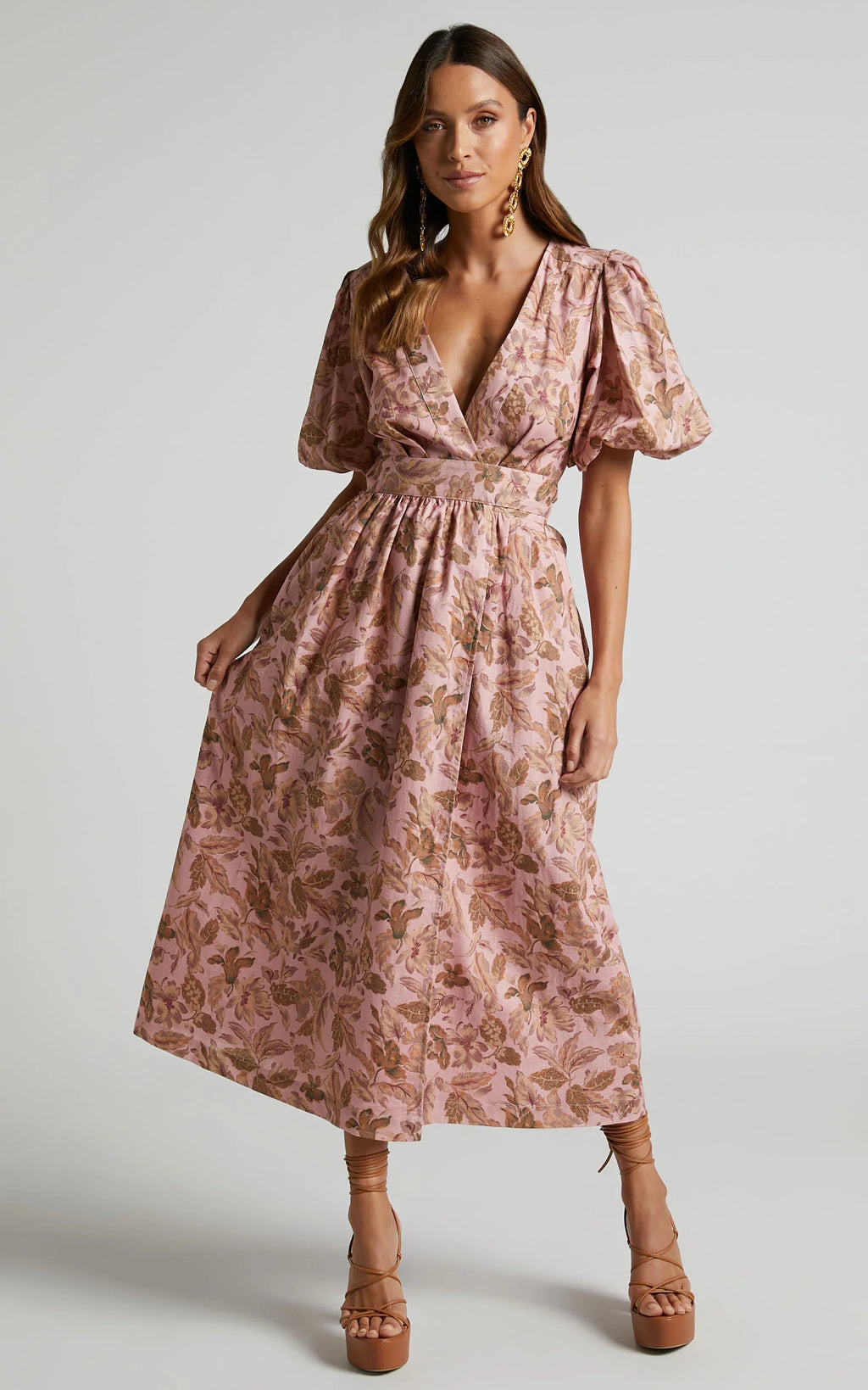 Amalie The Label - Franc Linen Puff Sleeve Wrap Midi Linen Dress - Int