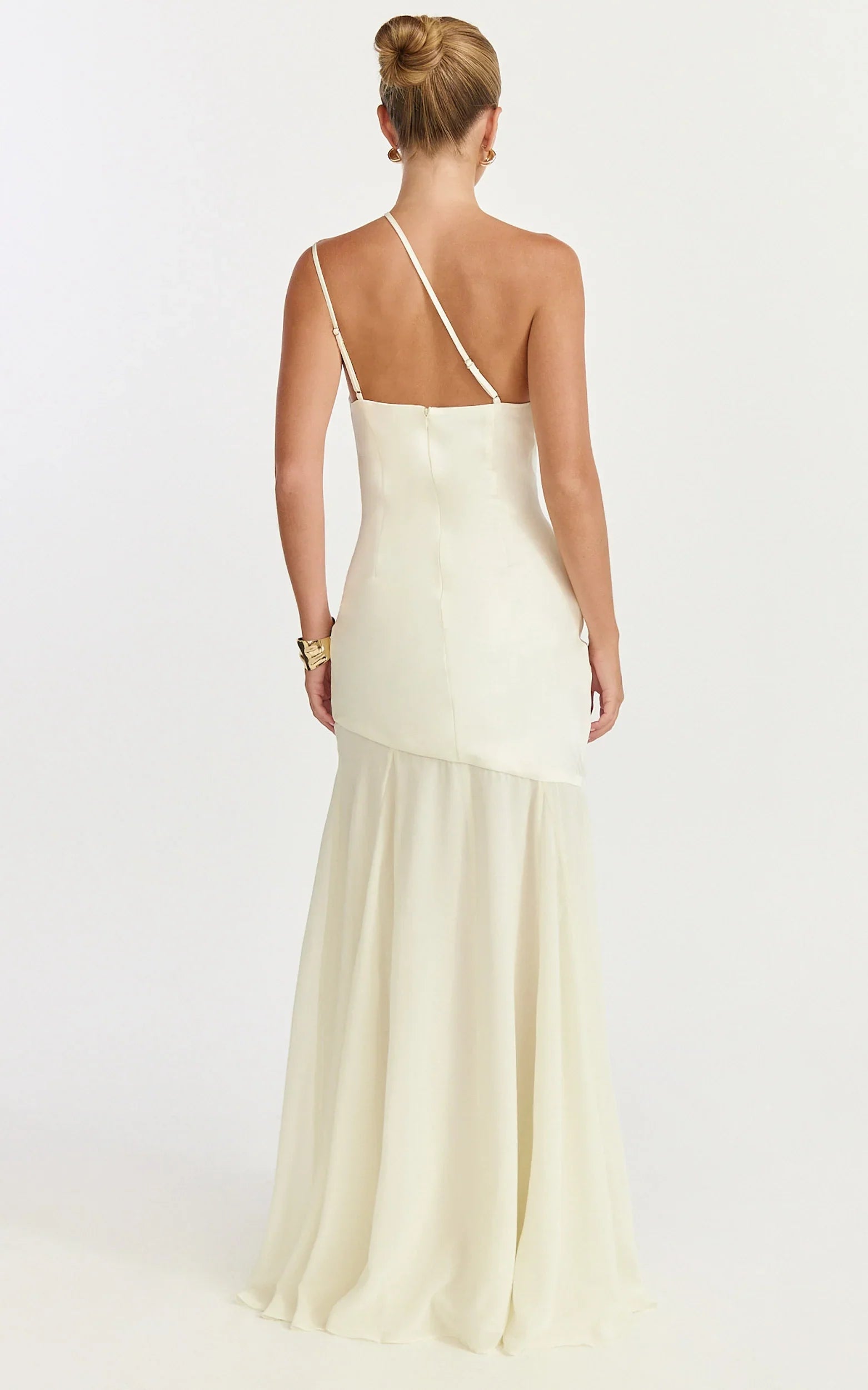 Flynn Maxi Dress - Asymmetric Neck Sheer Skirt Dress in Ivory