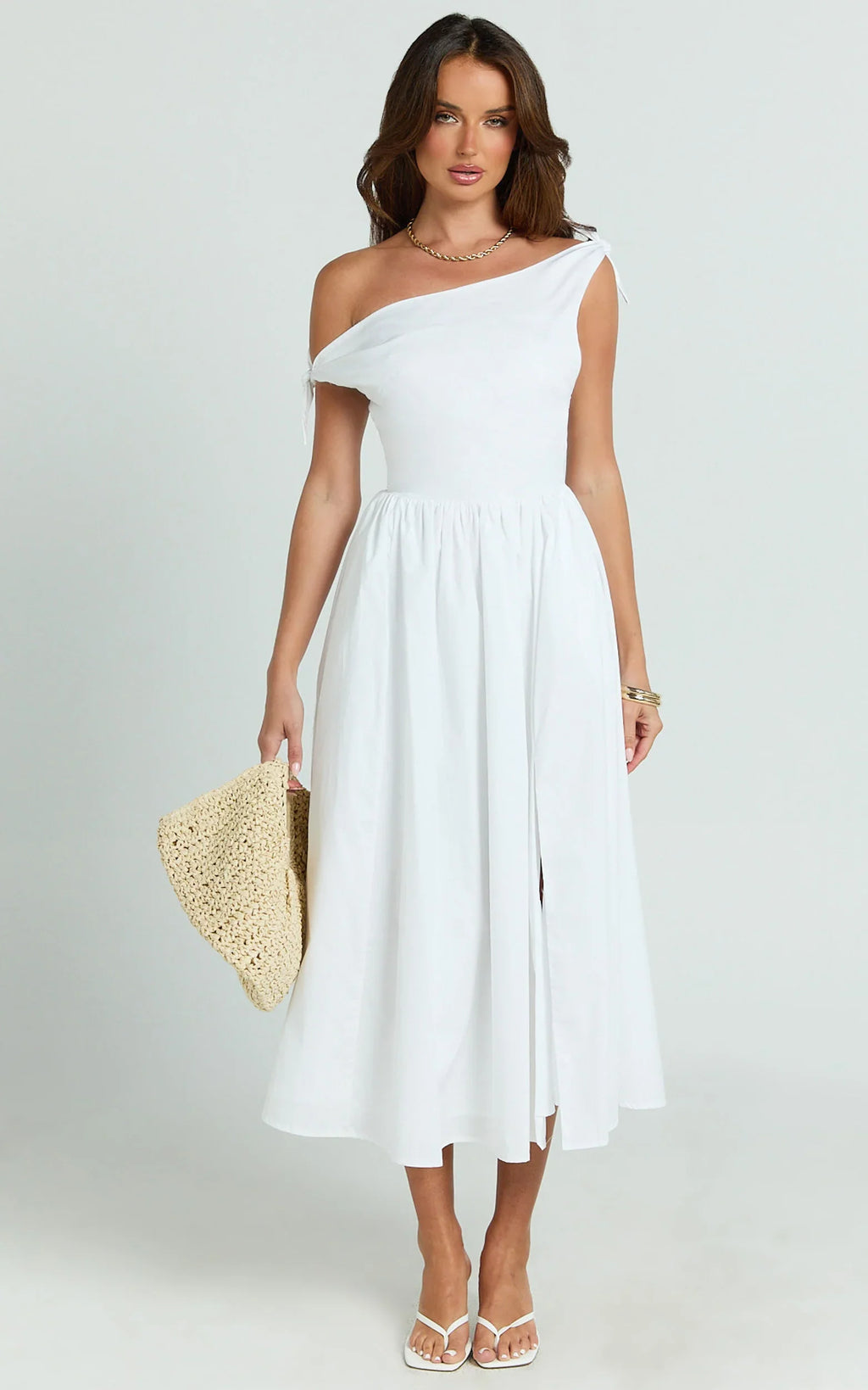 Theadore Midi Dress - Tip Shoulder Fit And Flare Dress in White