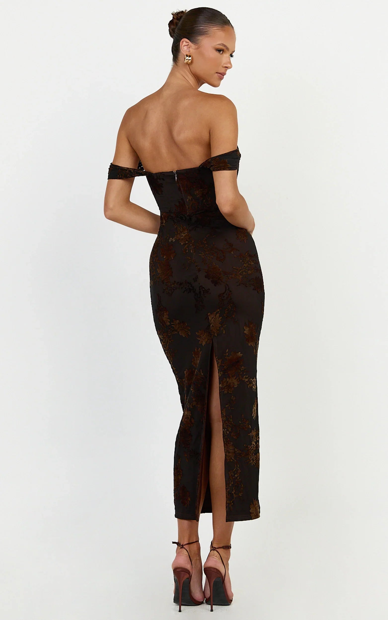 Karlene Midi Dress - Ruched Corset Burnout Dress in Black and Brown
