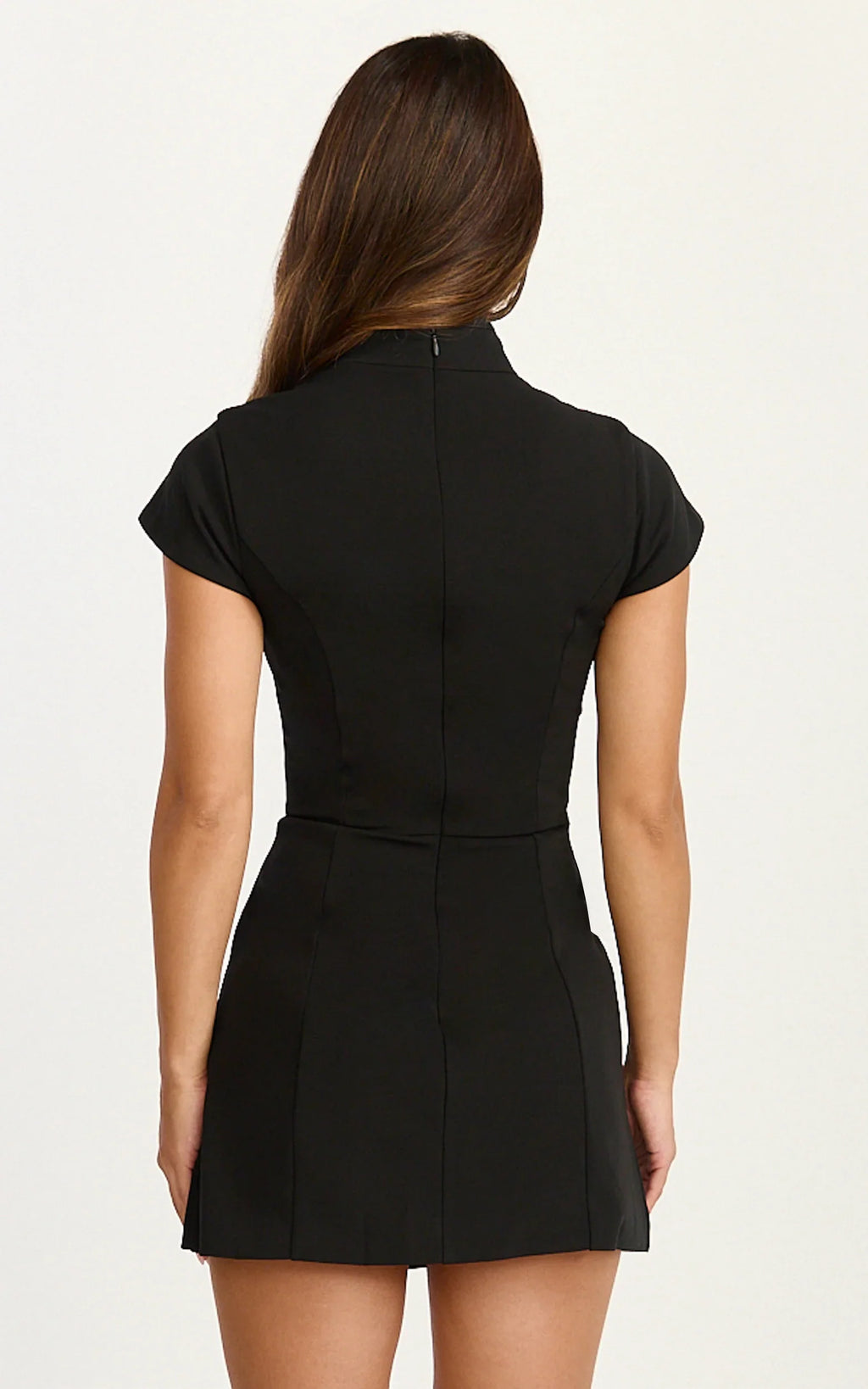 Nadia Mini Dress - Cap Sleeve Mandarin Collar Fitted Dress in Black with Black trim