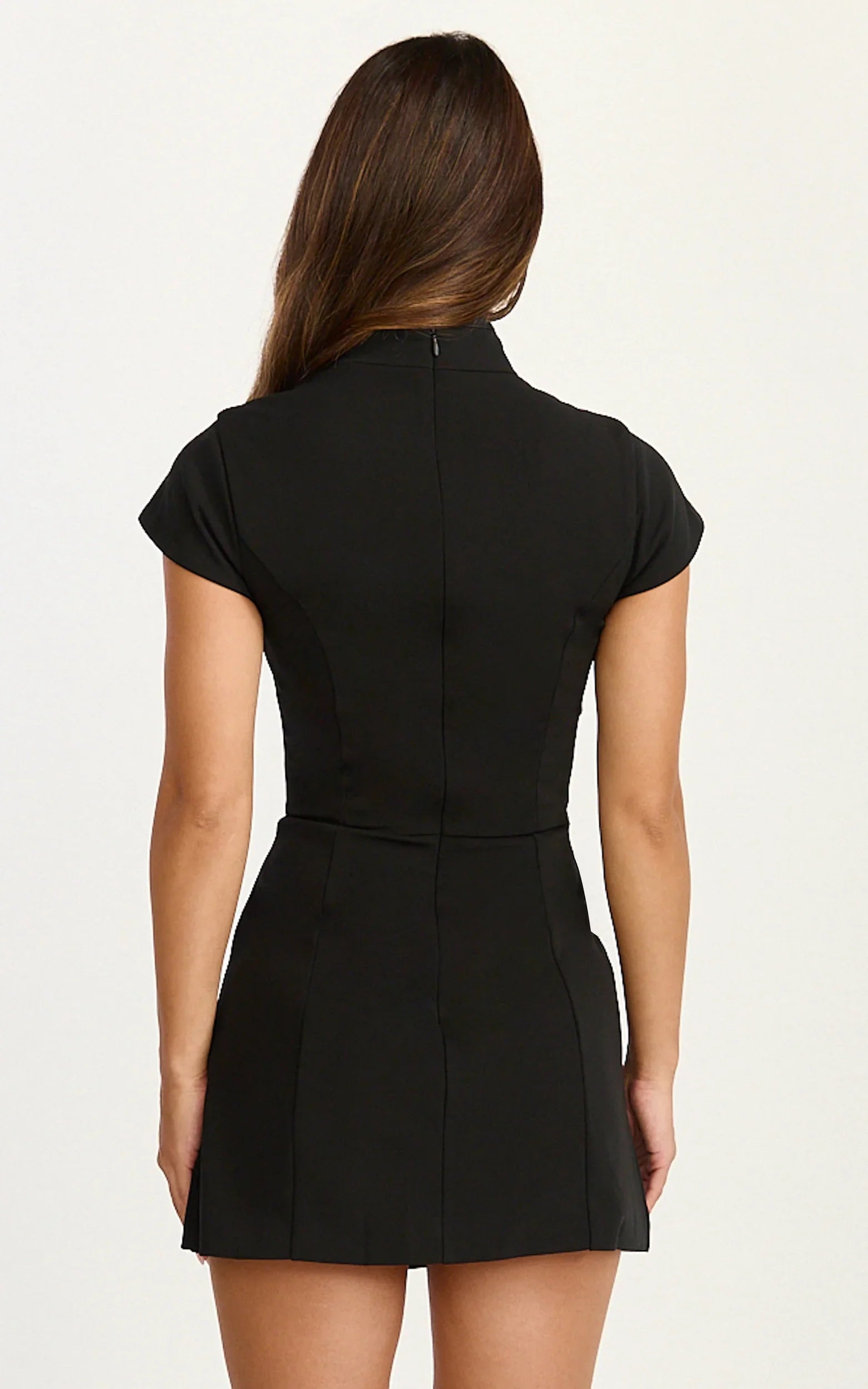 Nadia Mini Dress - Cap Sleeve Mandarin Collar Fitted Dress in Black with Black trim