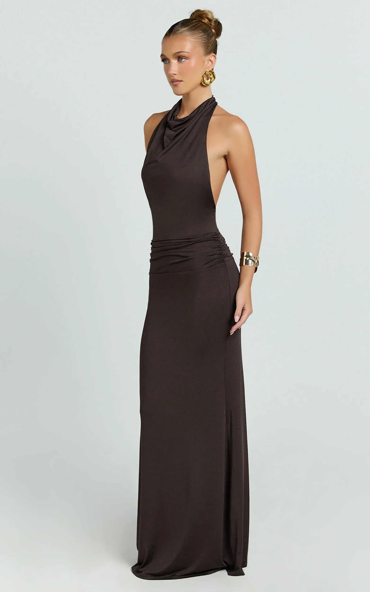 Lizzy Maxi Dress - Backless Ruched Bodycon Dress in Chocolate
