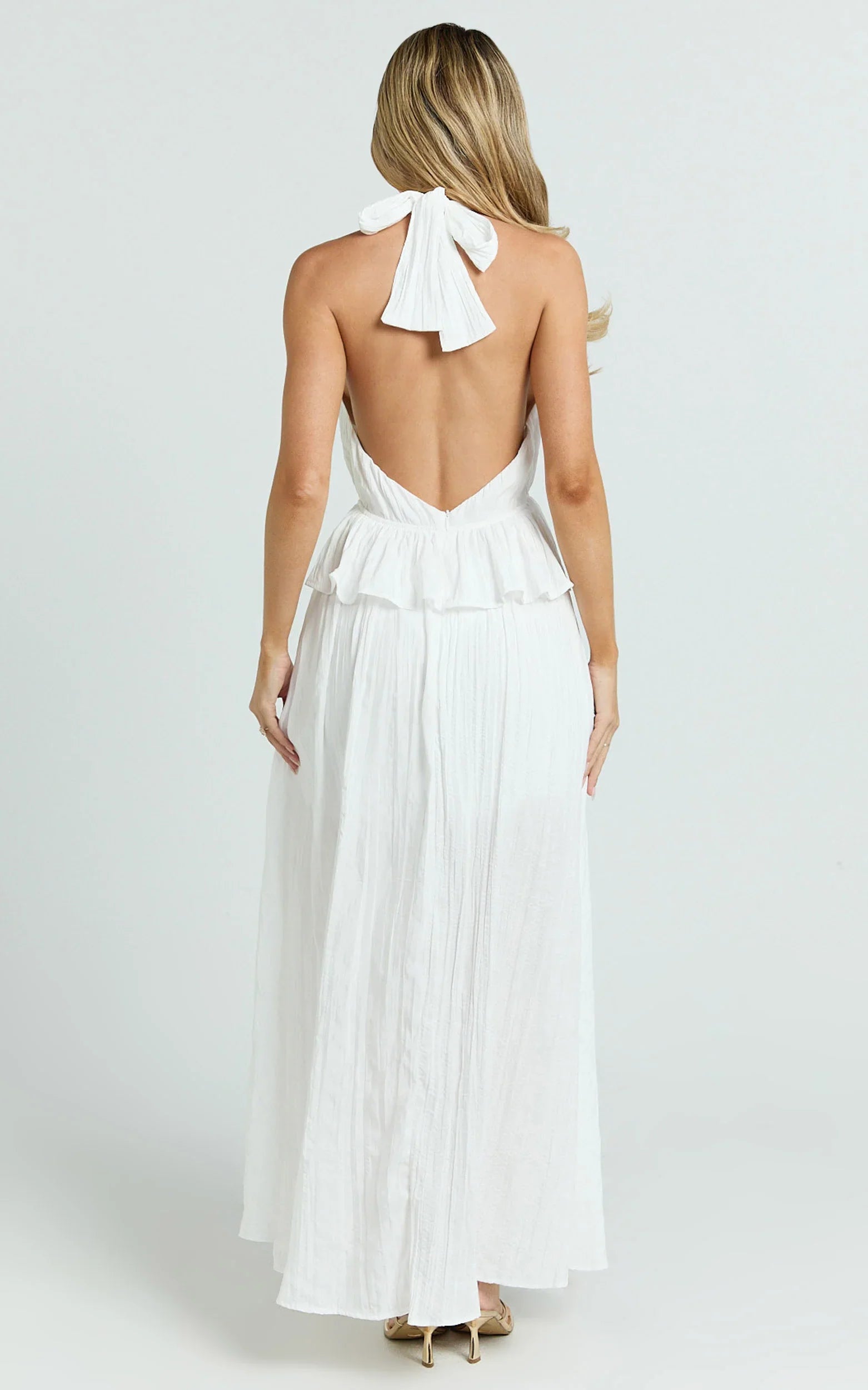 Heidi Midi Dress - Deep V Plunge Halter Neck Brooch Detail Split Skirt Dress in White
