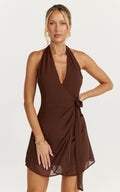 Eva Mini Dress - Plunge Halter Wrap Dress in Chocolate