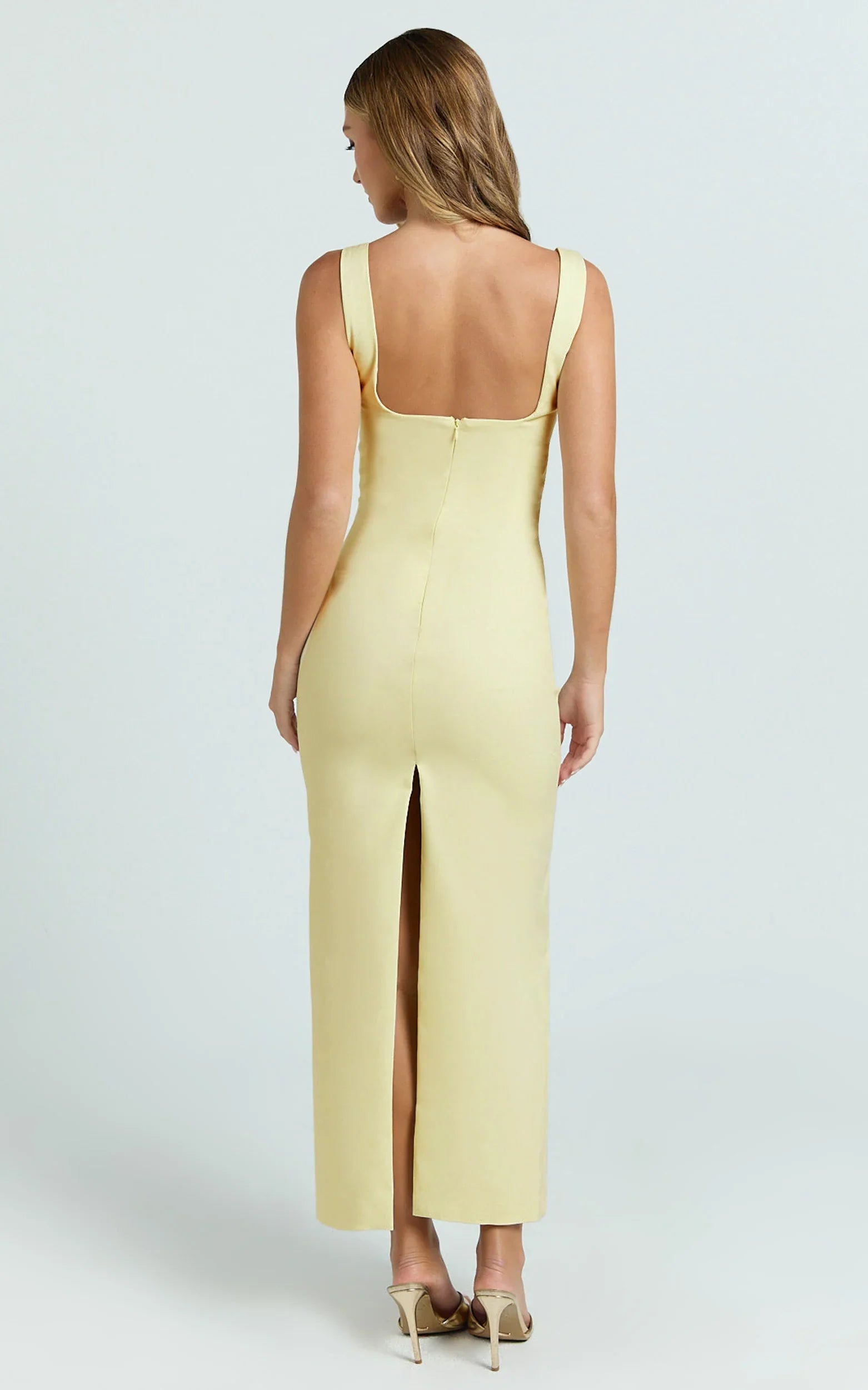 Benita Midi Dress - Scoop Neck Ruched Fitted Dress in Lemon