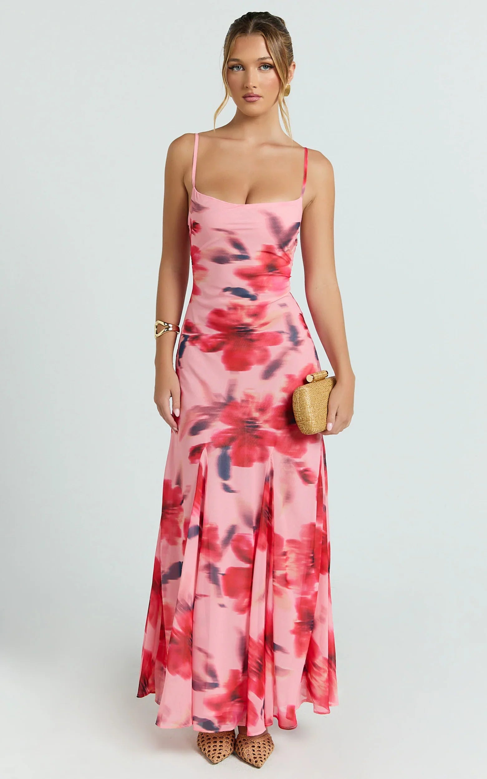Claudia Maxi Dress - Floral Cowl Neck Godet Dress in Pink Floral