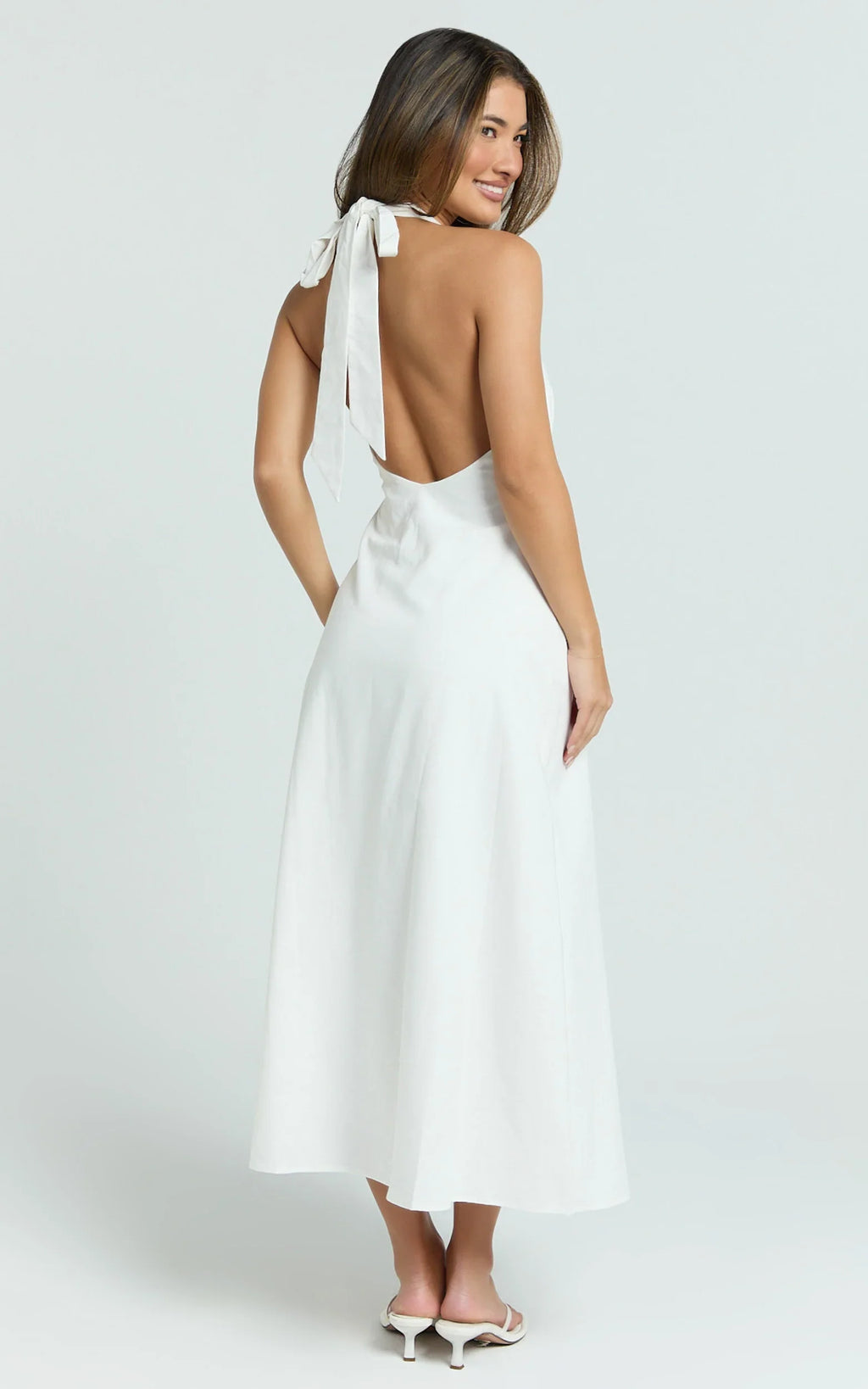 Beata Midi Dress - Plunge Halter A Line Dress in White