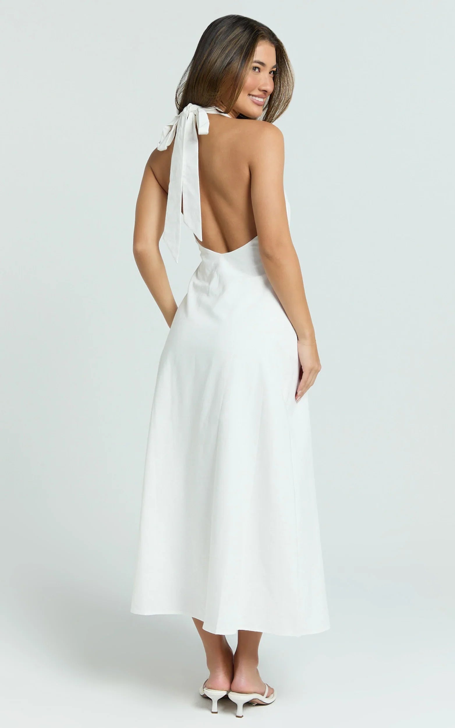 Beata Midi Dress - Plunge Halter A Line Dress in White