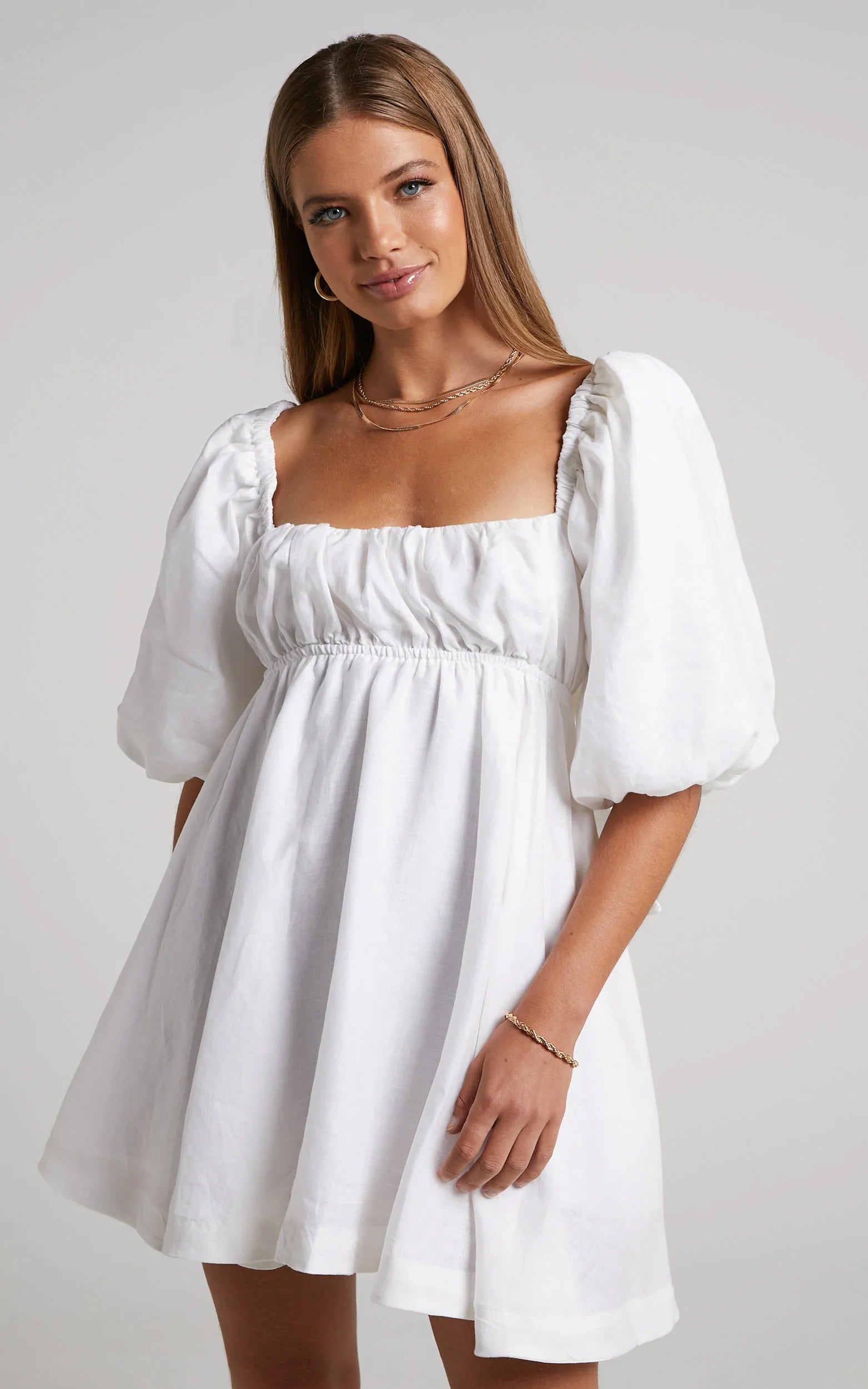 Amalie The Label - Hamyya Linen Tie Back Puff Sleeve Mini Linen Dress - In White